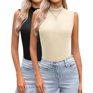 imageZeagoo Womens Mock Turtleneck Tank Tops 2025 Slim Fitted Sleeveless Top Stretchy Basic Casual Layer Tee ShirtsZ2 Pack Black and Beige