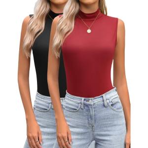imageZeagoo Womens Mock Turtleneck Tank Tops 2025 Slim Fitted Sleeveless Top Stretchy Basic Casual Layer Tee ShirtsZ2 Pack Black and Wine