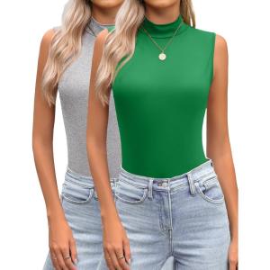 imageZeagoo Womens Mock Turtleneck Tank Tops 2025 Slim Fitted Sleeveless Top Stretchy Basic Casual Layer Tee ShirtsZ2 Pack Green and Grey