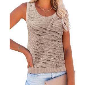 imageZeagoo Womens Summer Crochet Sleeveless Sweater Vest Round Neck Hollow Out Knit Tank Tops Casual Loose Cami TopsKhaki