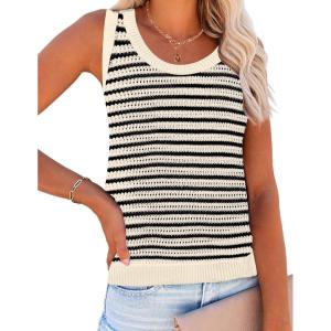 imageZeagoo Womens Summer Crochet Sleeveless Sweater Vest Round Neck Hollow Out Knit Tank Tops Casual Loose Cami TopsTw467 Stripe Beige