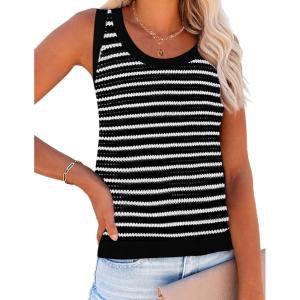 imageZeagoo Womens Summer Crochet Sleeveless Sweater Vest Round Neck Hollow Out Knit Tank Tops Casual Loose Cami TopsTw599 Stripe White