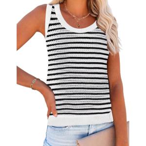imageZeagoo Womens Summer Crochet Sleeveless Sweater Vest Round Neck Hollow Out Knit Tank Tops Casual Loose Cami TopsTw679 Stripe Black
