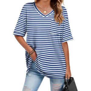 imageHOTOUCH Women Oversized T Shirts V Neck Short Sleeve Tees Casual Loose Tunic Summer Tops with PocketBlue
