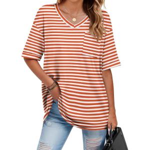 imageHOTOUCH Women Oversized T Shirts V Neck Short Sleeve Tees Casual Loose Tunic Summer Tops with PocketBrown