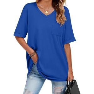 imageHOTOUCH Women Oversized T Shirts V Neck Short Sleeve Tees Casual Loose Tunic Summer Tops with PocketDark Blue