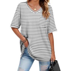 imageHOTOUCH Women Oversized T Shirts V Neck Short Sleeve Tees Casual Loose Tunic Summer Tops with PocketGrey