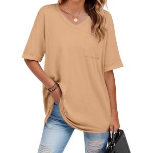 imageHOTOUCH Women Oversized T Shirts V Neck Short Sleeve Tees Casual Loose Tunic Summer Tops with PocketLight Tan