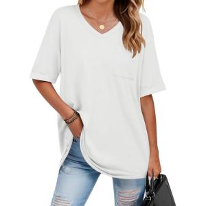 imageHOTOUCH Women Oversized T Shirts V Neck Short Sleeve Tees Casual Loose Tunic Summer Tops with PocketWhite
