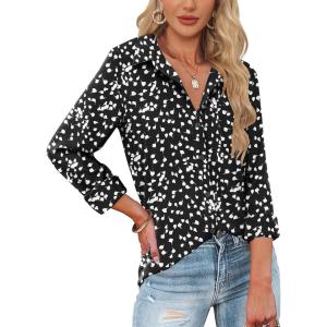 imageHOTOUCH Womens Button Down Shirts Long Sleeve Dress Shirts Casual V Neck Collared Tops Work Office Blouse with PocketBlack Floral