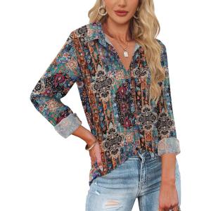 imageHOTOUCH Womens Button Down Shirts Long Sleeve Dress Shirts Casual V Neck Collared Tops Work Office Blouse with PocketEthnic Flower