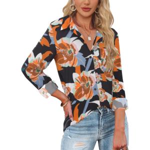 imageHOTOUCH Womens Button Down Shirts Long Sleeve Dress Shirts Casual V Neck Collared Tops Work Office Blouse with PocketFlower Black