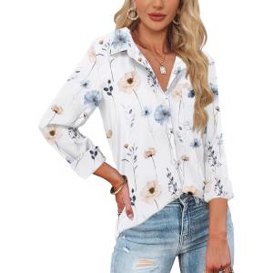imageHOTOUCH Womens Button Down Shirts Long Sleeve Dress Shirts Casual V Neck Collared Tops Work Office Blouse with PocketFlower White