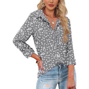 imageHOTOUCH Womens Button Down Shirts Long Sleeve Dress Shirts Casual V Neck Collared Tops Work Office Blouse with PocketGray Floral