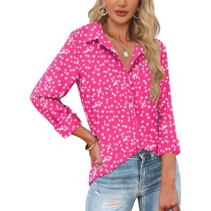 imageHOTOUCH Womens Button Down Shirts Long Sleeve Dress Shirts Casual V Neck Collared Tops Work Office Blouse with PocketHot Pink Floral