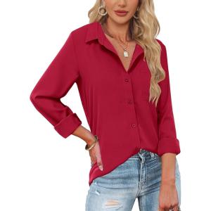 imageHOTOUCH Womens Button Down Shirts Long Sleeve Dress Shirts Casual V Neck Collared Tops Work Office Blouse with PocketRed