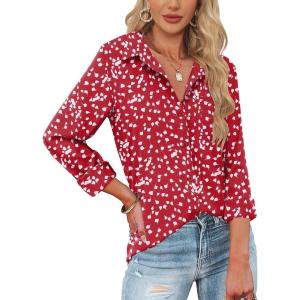 imageHOTOUCH Womens Button Down Shirts Long Sleeve Dress Shirts Casual V Neck Collared Tops Work Office Blouse with PocketRed Floral