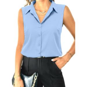 imageHOTOUCH Womens Sleeveless Button Down Shirt Tops V Neck Business Casual Collared Blouses Tank TopLight Blue