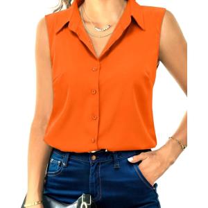 imageHOTOUCH Womens Sleeveless Button Down Shirt Tops V Neck Business Casual Collared Blouses Tank TopOrange
