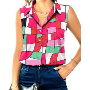 imageHOTOUCH Womens Sleeveless Button Down Shirt Tops V Neck Business Casual Collared Blouses Tank TopPink Geometric