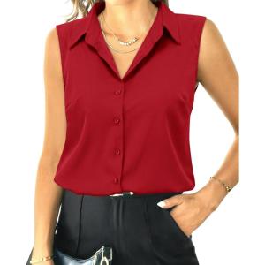 imageHOTOUCH Womens Sleeveless Button Down Shirt Tops V Neck Business Casual Collared Blouses Tank TopWine Red