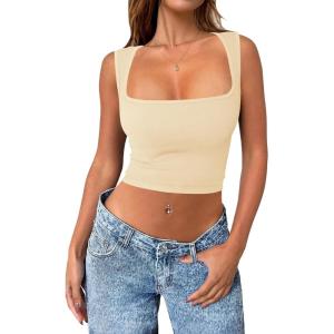 imageZeagoo Womens 2025 Sexy Square Neck Sleeveless Crop Tops Trendy Basic Ribbed Tank TopsBeige