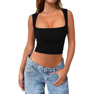 imageZeagoo Womens 2025 Sexy Square Neck Sleeveless Crop Tops Trendy Basic Ribbed Tank TopsBlack