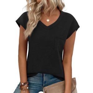 imageZeagoo Womens 3 Pack Cap Sleeve T Shirts V Neck Basic Tees Tops with Pocket Fashion Trendy Casual Summer Outfits Clothes 2025Black