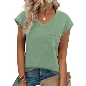 imageZeagoo Womens 3 Pack Cap Sleeve T Shirts V Neck Basic Tees Tops with Pocket Fashion Trendy Casual Summer Outfits Clothes 2025Light Green