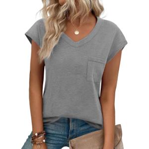 imageZeagoo Womens 3 Pack Cap Sleeve T Shirts V Neck Basic Tees Tops with Pocket Fashion Trendy Casual Summer Outfits Clothes 2025Light Grey