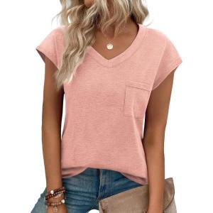 imageZeagoo Womens 3 Pack Cap Sleeve T Shirts V Neck Basic Tees Tops with Pocket Fashion Trendy Casual Summer Outfits Clothes 2025Pink