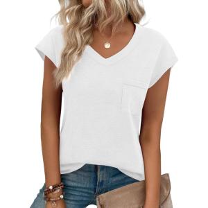 imageZeagoo Womens 3 Pack Cap Sleeve T Shirts V Neck Basic Tees Tops with Pocket Fashion Trendy Casual Summer Outfits Clothes 2025White