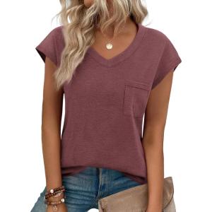 imageZeagoo Womens 3 Pack Cap Sleeve T Shirts V Neck Basic Tees Tops with Pocket Fashion Trendy Casual Summer Outfits Clothes 2025Wine Red
