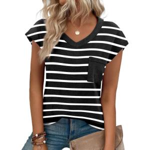 imageZeagoo Womens 3 Pack Cap Sleeve T Shirts V Neck Basic Tees Tops with Pocket Fashion Trendy Casual Summer Outfits Clothes 2025Zblack Stripe