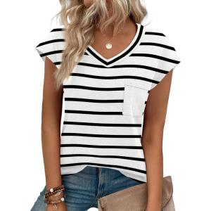 imageZeagoo Womens 3 Pack Cap Sleeve T Shirts V Neck Basic Tees Tops with Pocket Fashion Trendy Casual Summer Outfits Clothes 2025Zwhite Stripe