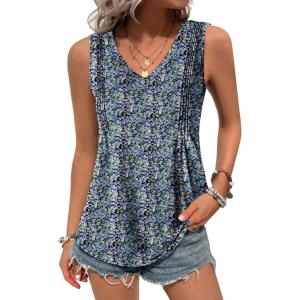 imageZeagoo Womens Tank Tops Loose Fit Casual V Neck Boho Summer Pleated Sleeveless Shirts Basic Trendy Outfits ClothesBlack Blue Flower