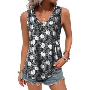 imageZeagoo Womens Tank Tops Loose Fit Casual V Neck Boho Summer Pleated Sleeveless Shirts Basic Trendy Outfits ClothesBlack White Flower