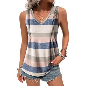 imageZeagoo Womens Tank Tops Loose Fit Casual V Neck Boho Summer Pleated Sleeveless Shirts Basic Trendy Outfits ClothesColorful Stripe