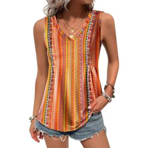 imageZeagoo Womens Tank Tops Loose Fit Casual V Neck Boho Summer Pleated Sleeveless Shirts Basic Trendy Outfits ClothesOrange Boho Stripe