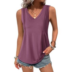 imageZeagoo Womens Tank Tops Loose Fit Casual V Neck Boho Summer Pleated Sleeveless Shirts Basic Trendy Outfits ClothesPurple Red