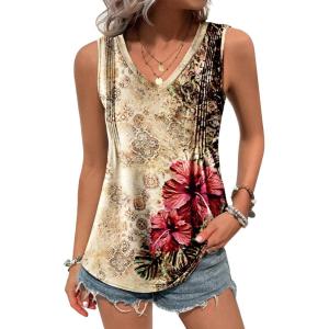 imageZeagoo Womens Tank Tops Loose Fit Casual V Neck Boho Summer Pleated Sleeveless Shirts Basic Trendy Outfits ClothesRed Flower