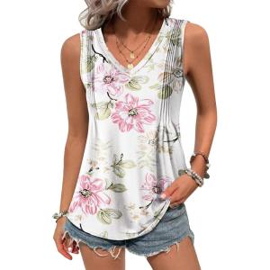 imageZeagoo Womens Tank Tops Loose Fit Casual V Neck Boho Summer Pleated Sleeveless Shirts Basic Trendy Outfits ClothesWhite Pink Flower
