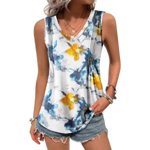 imageZeagoo Womens Tank Tops Loose Fit Casual V Neck Boho Summer Pleated Sleeveless Shirts Basic Trendy Outfits ClothesWhite Yellow Flower