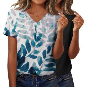 imageZeagoo Short Sleeve Shirts for Women Casual Soft V Neck Basic Tee Tops Summer Outfit ClothesBlackFlower1