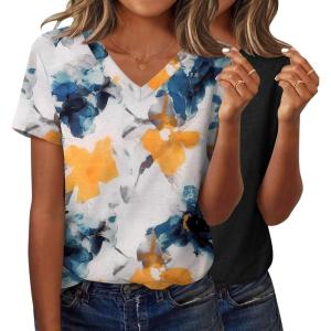 imageZeagoo Short Sleeve Shirts for Women Casual Soft V Neck Basic Tee Tops Summer Outfit ClothesBlackFlower2