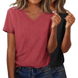 imageZeagoo Short Sleeve Shirts for Women Casual Soft V Neck Basic Tee Tops Summer Outfit ClothesBlackRed