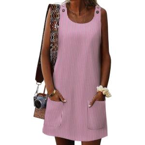 imageZeagoo Summer Dress for Women Sleeveless Tank Dress with Pockets Casual Short A Line Dress Crewneck Sundress 2025Hotpink Stripe