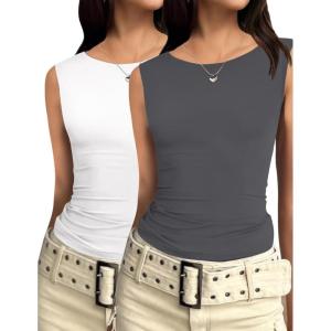imageZeagoo Womens Going Out Tops Slim Fit Sleeveless Crop Tank Tops Crew Neck Sexy Basic Tee 2025 Y2k Fashion OutfitsWhiteDeep Grey