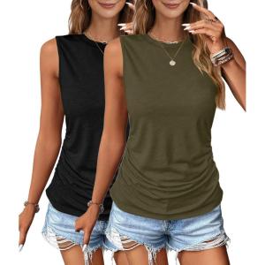 imageZeagoo Womens Ruched Tank Tops Summer Dressy Casual Crewneck Sleeveless Shirts SXXL2 Packarmy Green and Black