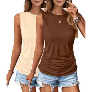 imageZeagoo Womens Ruched Tank Tops Summer Dressy Casual Crewneck Sleeveless Shirts SXXL2 Packtea Leaf and Beige